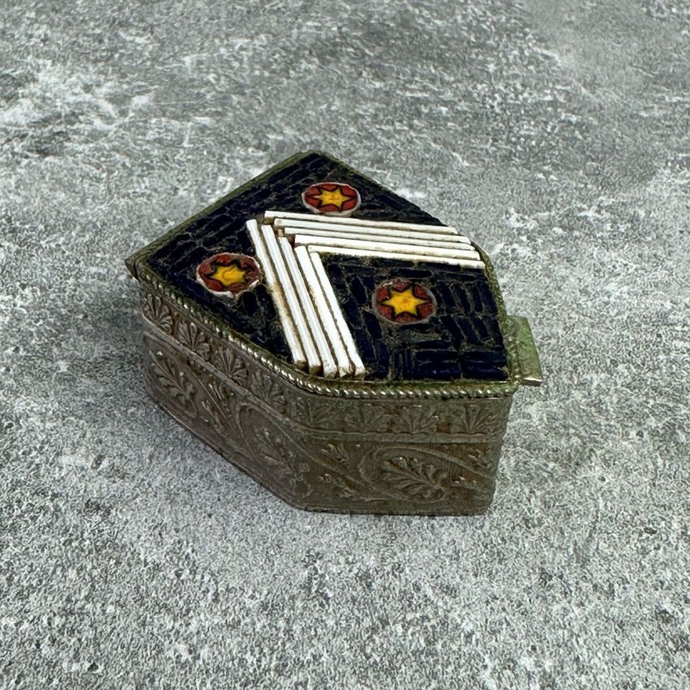 VTG Italian Micro Mosaic Trinket Hinged Pill Box Made in Italy Geometric Inlay